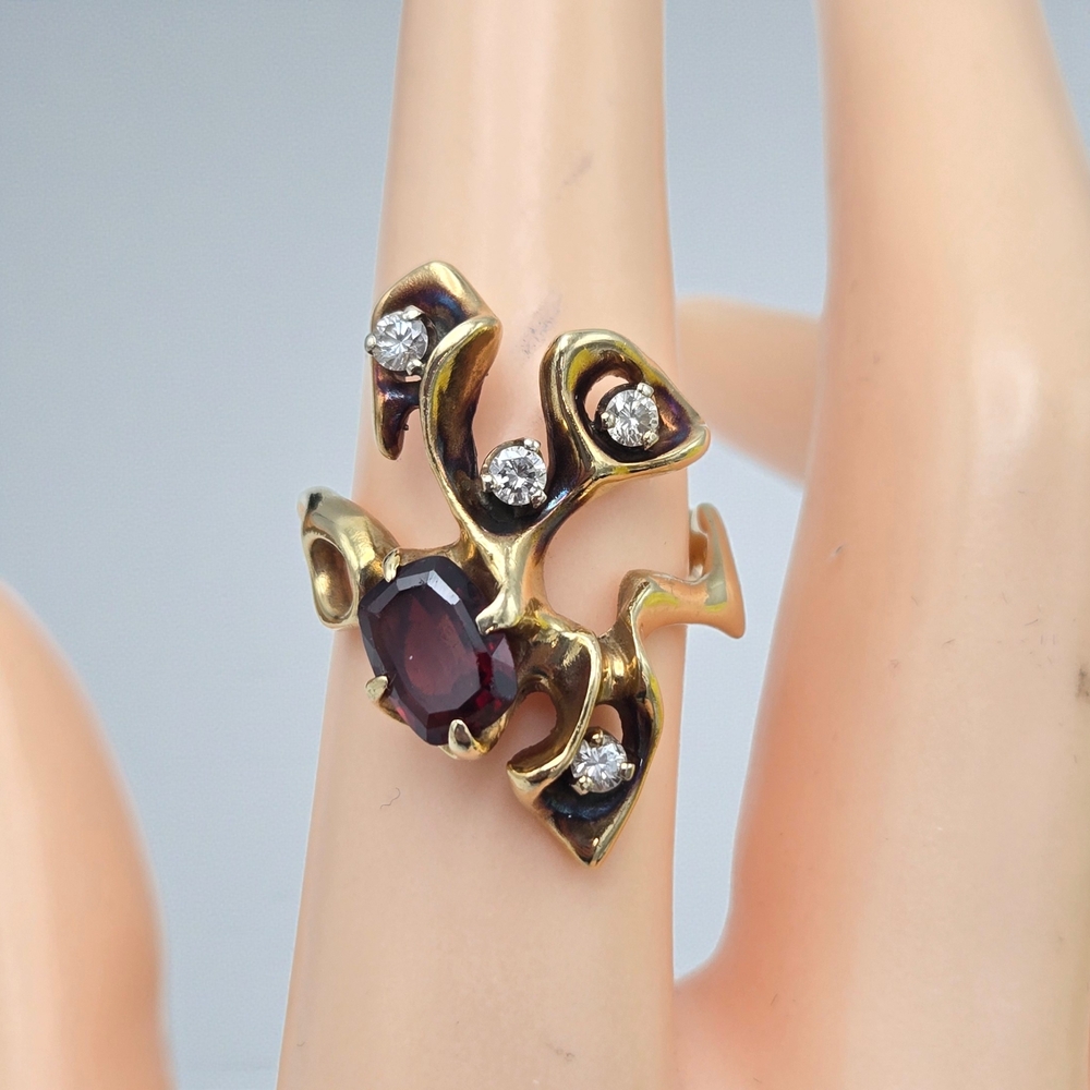14K Gold Diamond Garnet Artisan Estate Ring 8.31g Size 7 Brutalist Style